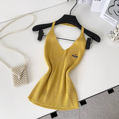 V-neck Embroidery Slim Halter Knitwear