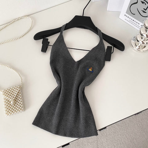 V-neck Embroidery Slim Halter Knitwear
