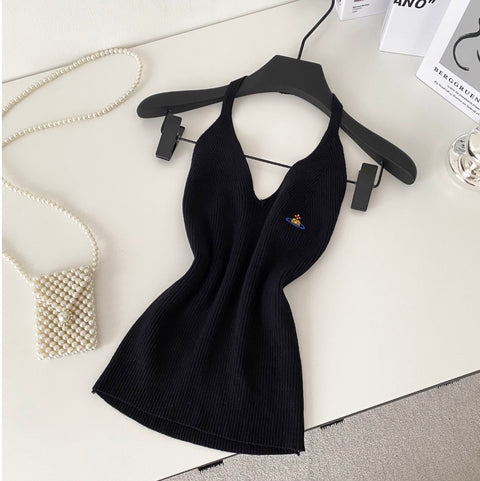 V-neck Embroidery Slim Halter Knitwear