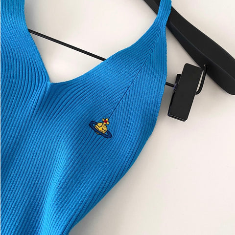 V-neck Embroidery Slim Halter Knitwear