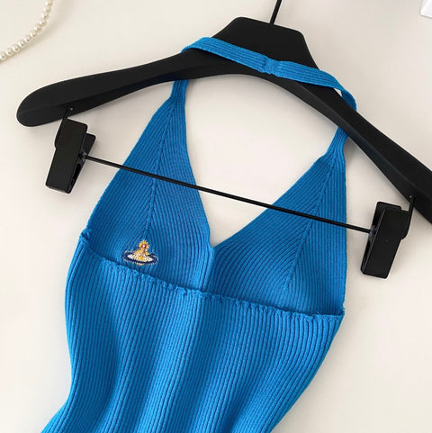 V-neck Embroidery Slim Halter Knitwear