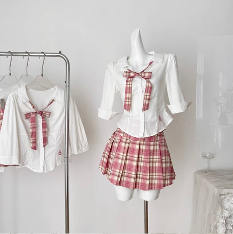 White Shirt & Pleated Plaid Skirt 2Pcs