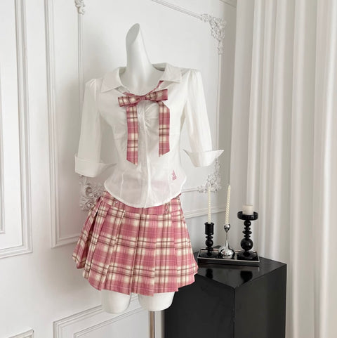 White Shirt & Pleated Plaid Skirt 2Pcs