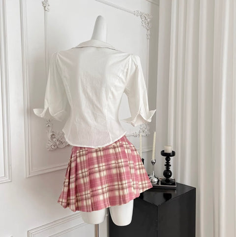 White Shirt & Pleated Plaid Skirt 2Pcs