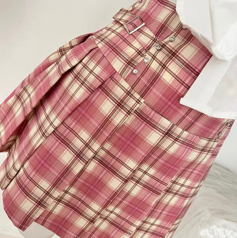 White Shirt & Pleated Plaid Skirt 2Pcs