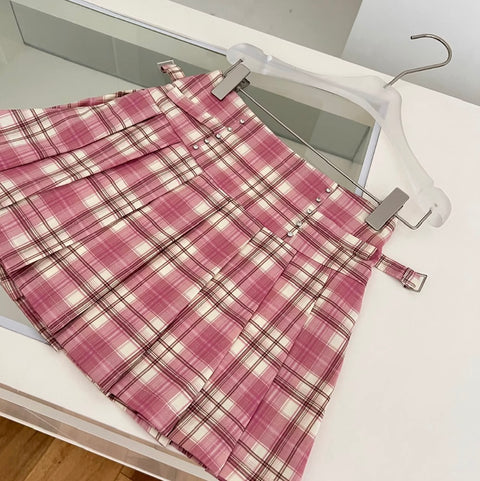 White Shirt & Pleated Plaid Skirt 2Pcs