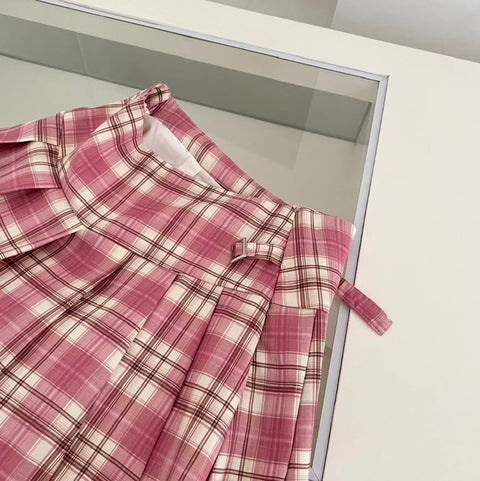 White Shirt & Pleated Plaid Skirt 2Pcs