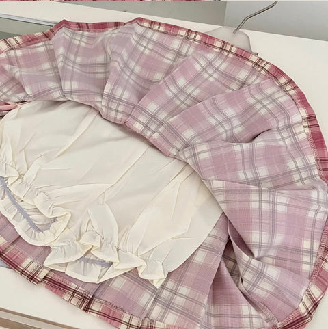 White Shirt & Pleated Plaid Skirt 2Pcs