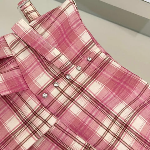 White Shirt & Pleated Plaid Skirt 2Pcs