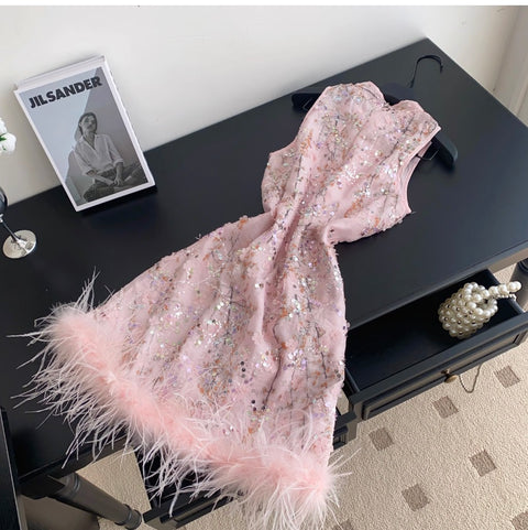 Furry Patchwork Sequined Cheongsam Dress