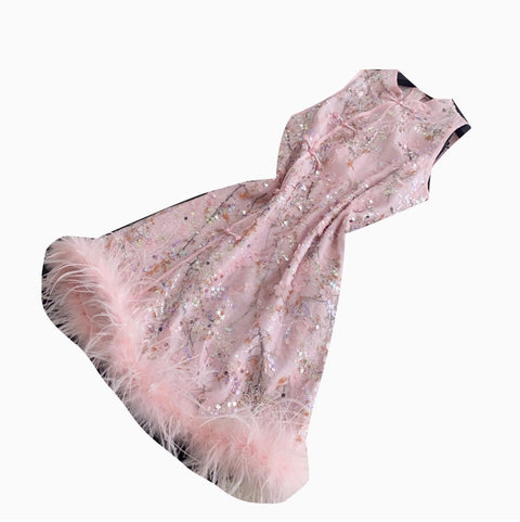 Furry Patchwork Sequined Cheongsam Dress