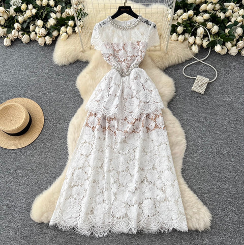 Rhinestone Round Collar Lace Dress