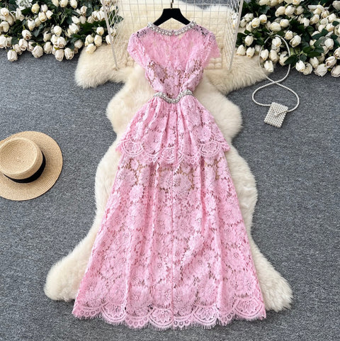 Rhinestone Round Collar Lace Dress