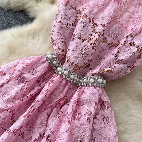 Rhinestone Round Collar Lace Dress