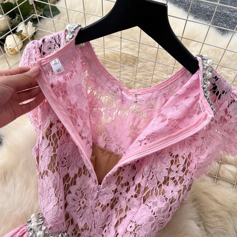 Rhinestone Round Collar Lace Dress