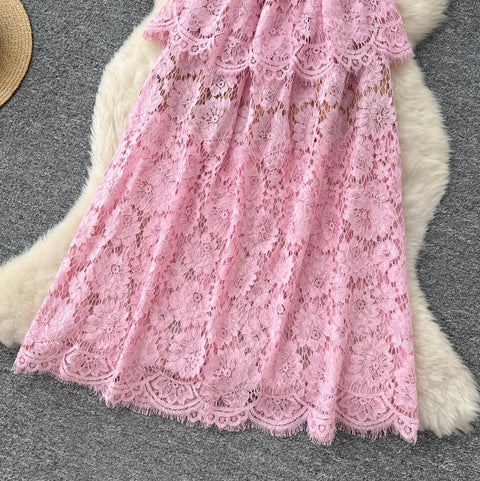 Rhinestone Round Collar Lace Dress