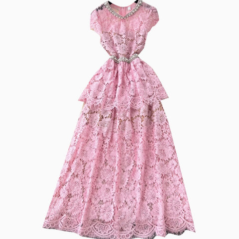 Rhinestone Round Collar Lace Dress