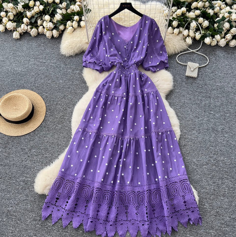 V-neck Polka Dot Lace Dress