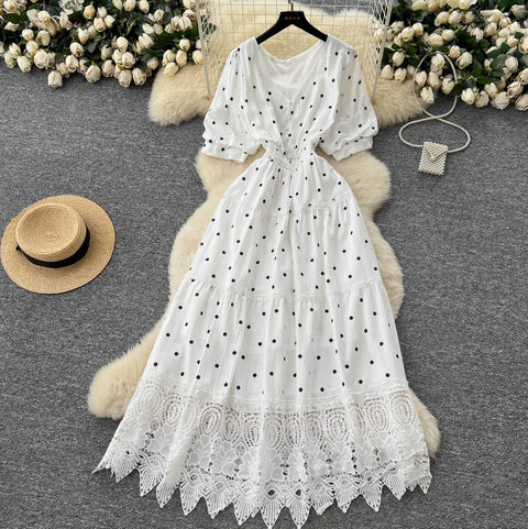 V-neck Polka Dot Lace Dress