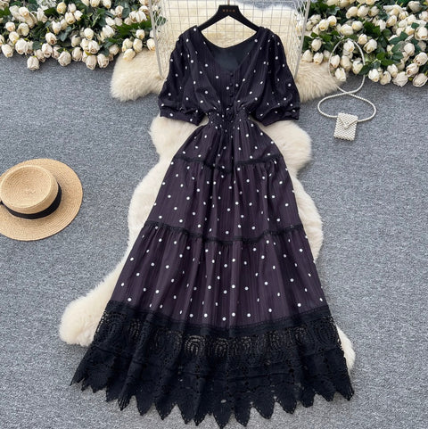 V-neck Polka Dot Lace Dress