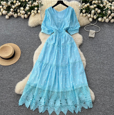 V-neck Polka Dot Lace Dress