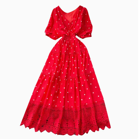 V-neck Polka Dot Lace Dress