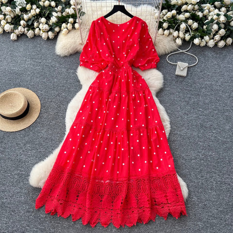 V-neck Polka Dot Lace Dress