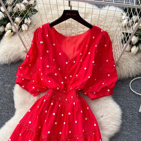V-neck Polka Dot Lace Dress