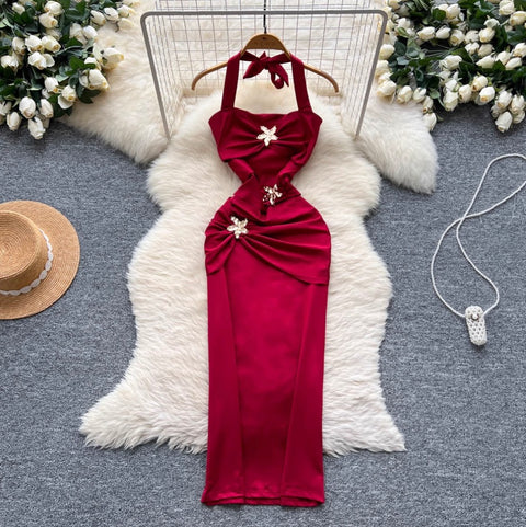 Premium Metal Flower Halter Dress