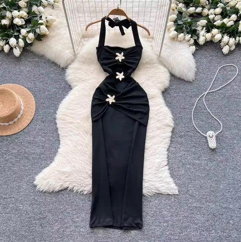Premium Metal Flower Halter Dress