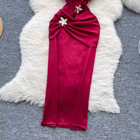 Premium Metal Flower Halter Dress