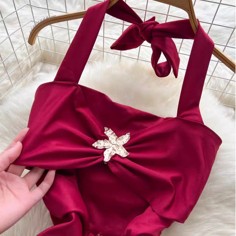 Premium Metal Flower Halter Dress