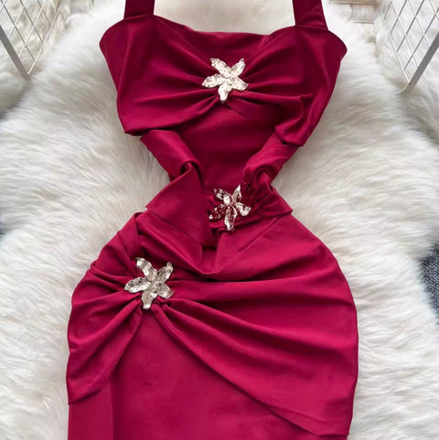 Premium Metal Flower Halter Dress