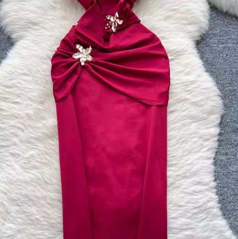 Premium Metal Flower Halter Dress