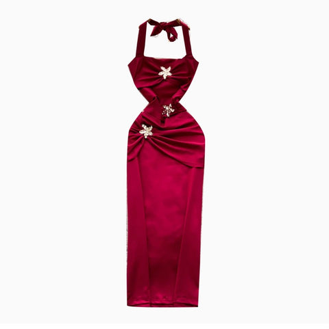 Premium Metal Flower Halter Dress