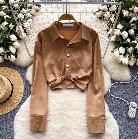 Chic Rhinestone Studded Knotted Shirt