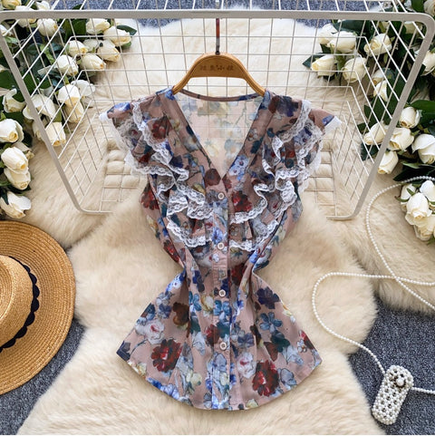 V-neck Ruffled Lace Collar Floral Shirt