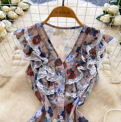 V-neck Ruffled Lace Collar Floral Shirt