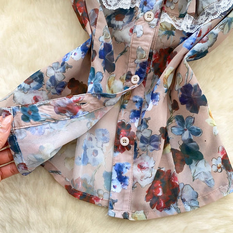 V-neck Ruffled Lace Collar Floral Shirt