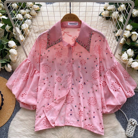 Courtly Beaded Hollowed Embroidery Shirt
