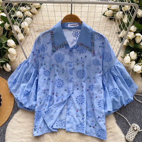 Courtly Beaded Hollowed Embroidery Shirt