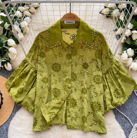 Courtly Beaded Hollowed Embroidery Shirt