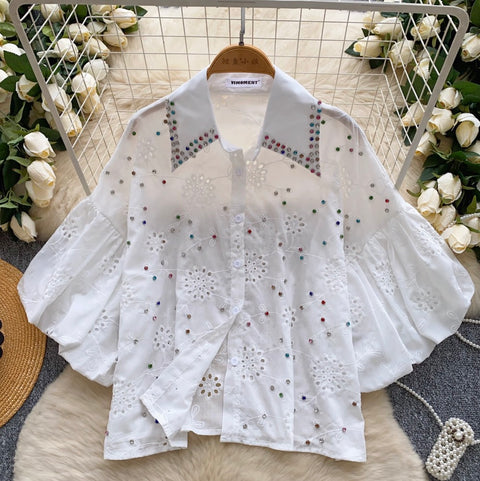 Courtly Beaded Hollowed Embroidery Shirt