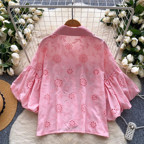 Courtly Beaded Hollowed Embroidery Shirt