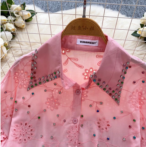 Courtly Beaded Hollowed Embroidery Shirt