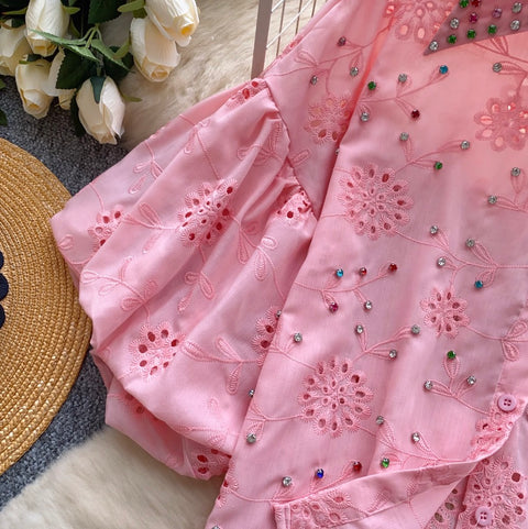 Courtly Beaded Hollowed Embroidery Shirt