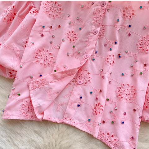 Courtly Beaded Hollowed Embroidery Shirt