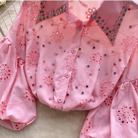 Courtly Beaded Hollowed Embroidery Shirt
