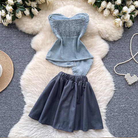Asymmetric Top & Pleated Skirt Denim 2Pcs