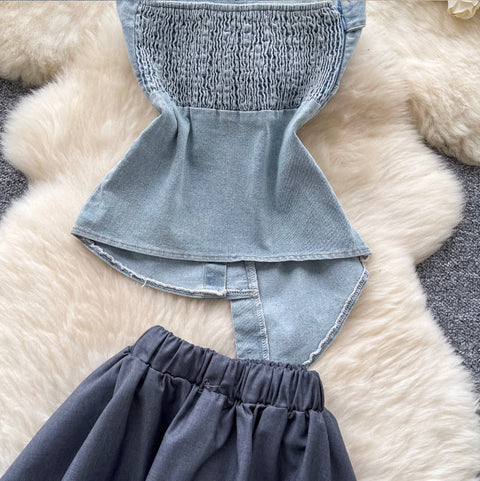 Asymmetric Top & Pleated Skirt Denim 2Pcs
